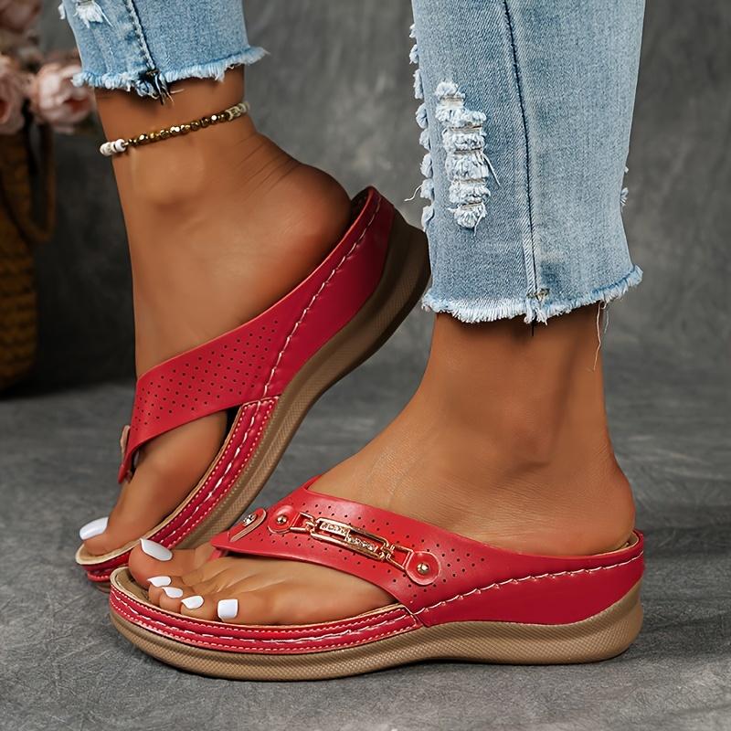 Women's Wedge Flip Flops, Comfy Thong Slide Sandals With Arch Support, Casual Summer Beach Shoes With Anti-Slip Sole