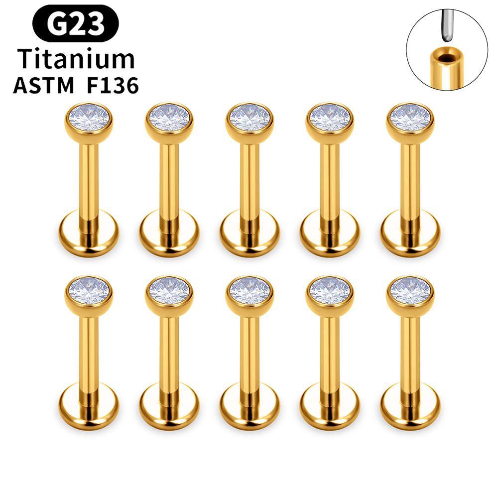 10 PZ Titanio ASTM F136 G23 Piercing Labret Anello Labbra Stud Orecchino CZ Orecchio Trago Cartilagine Helix Daith Pierc Gioielli 16/18/20g