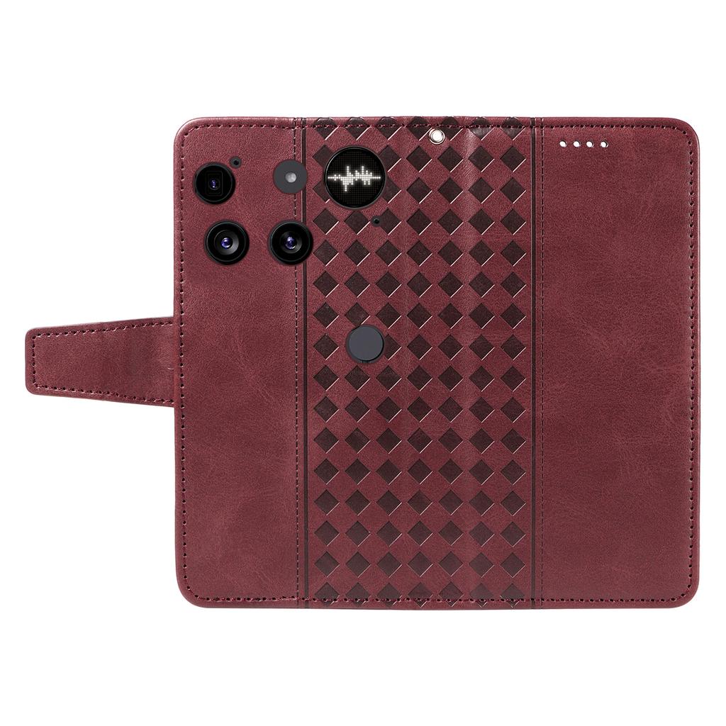 For Nothing Phone (3) 5G Leather Case Wallet Stand Grids Imprinted Phone Cover with Strap -  Wine Red
