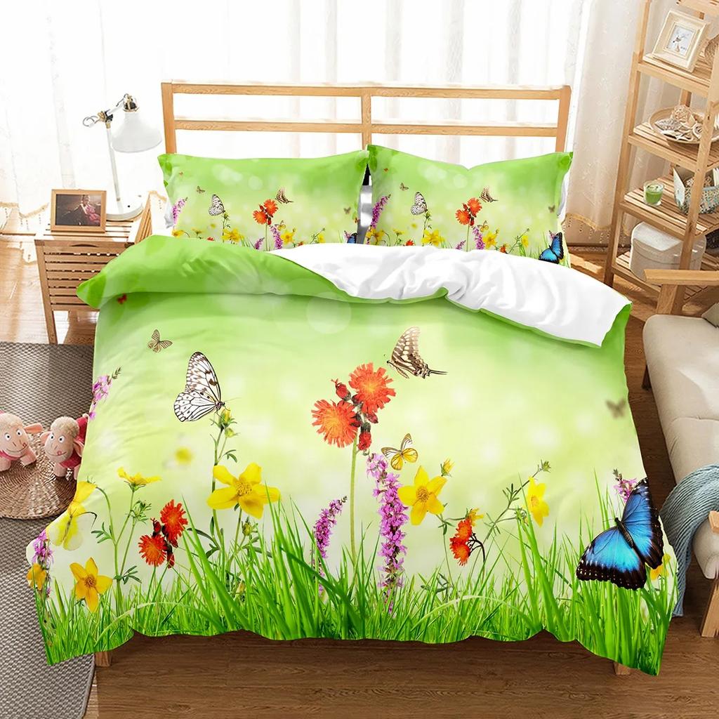 Butterfly And Flower Duvet Cover Girls Botanical Floral Bedding Set Microfiber Garden Flower Print Quilt Cover Twin King Size