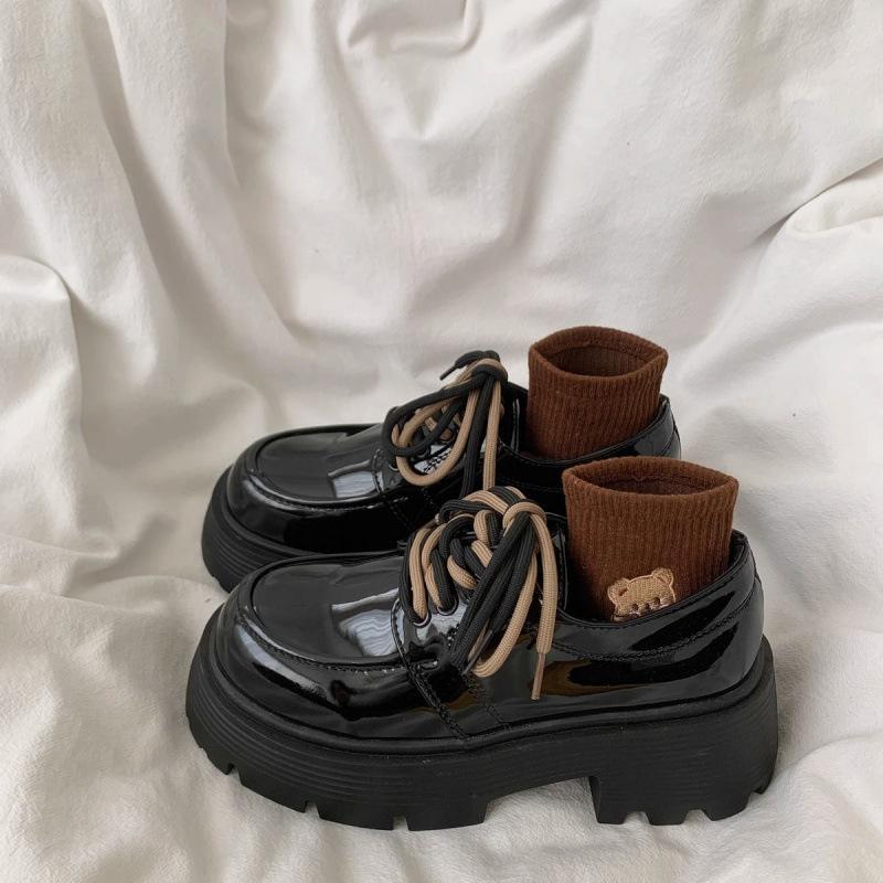 British Style Retro Thick High-Heeled Small Leather Shoes Women'S Versatile Platform-Soled Lace-Up Loafers K Single