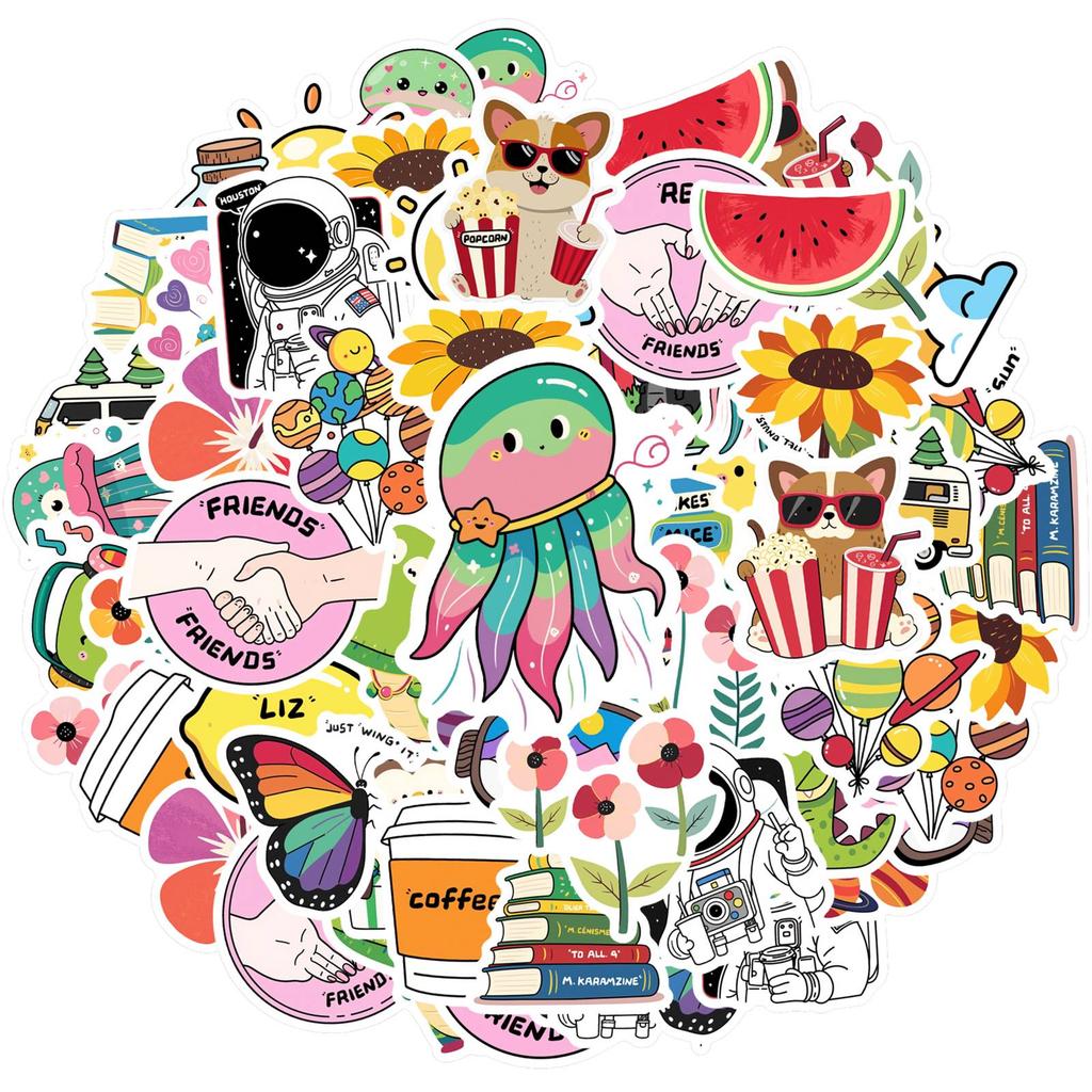 35pcs Playful Space Stickers Cartoon Flowers Sticker Pack Animal Stickers For Notebook Luggage Mobile Phone Cup Guitar Laptop