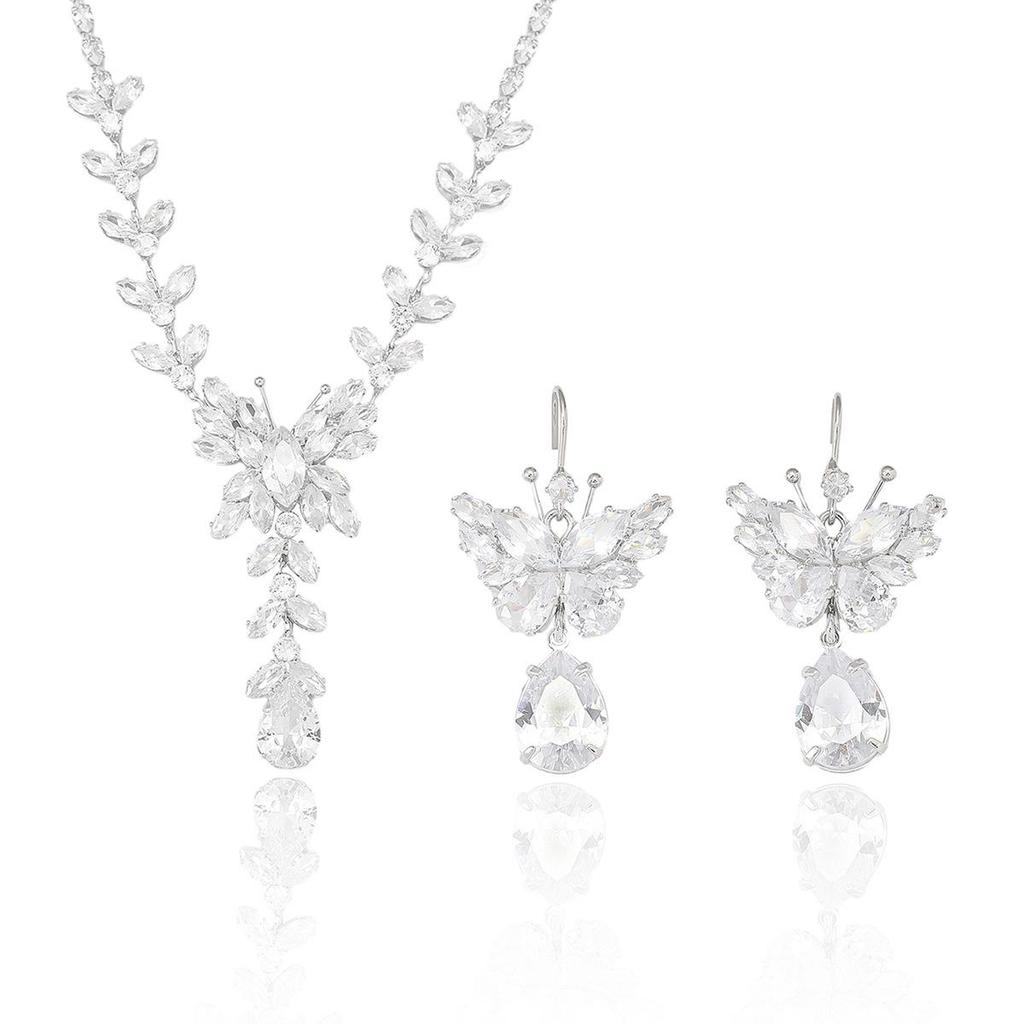 Cross-Border Fashion Zircon Earrings & Necklace Set - White Butterfly Jewelry with Flowing Chain