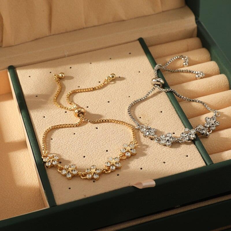 2pcs Gold-color And Silver-plated Bracelets Light Luxury Style Flowers Small Stars Brass Beads Adjustable Jewelry