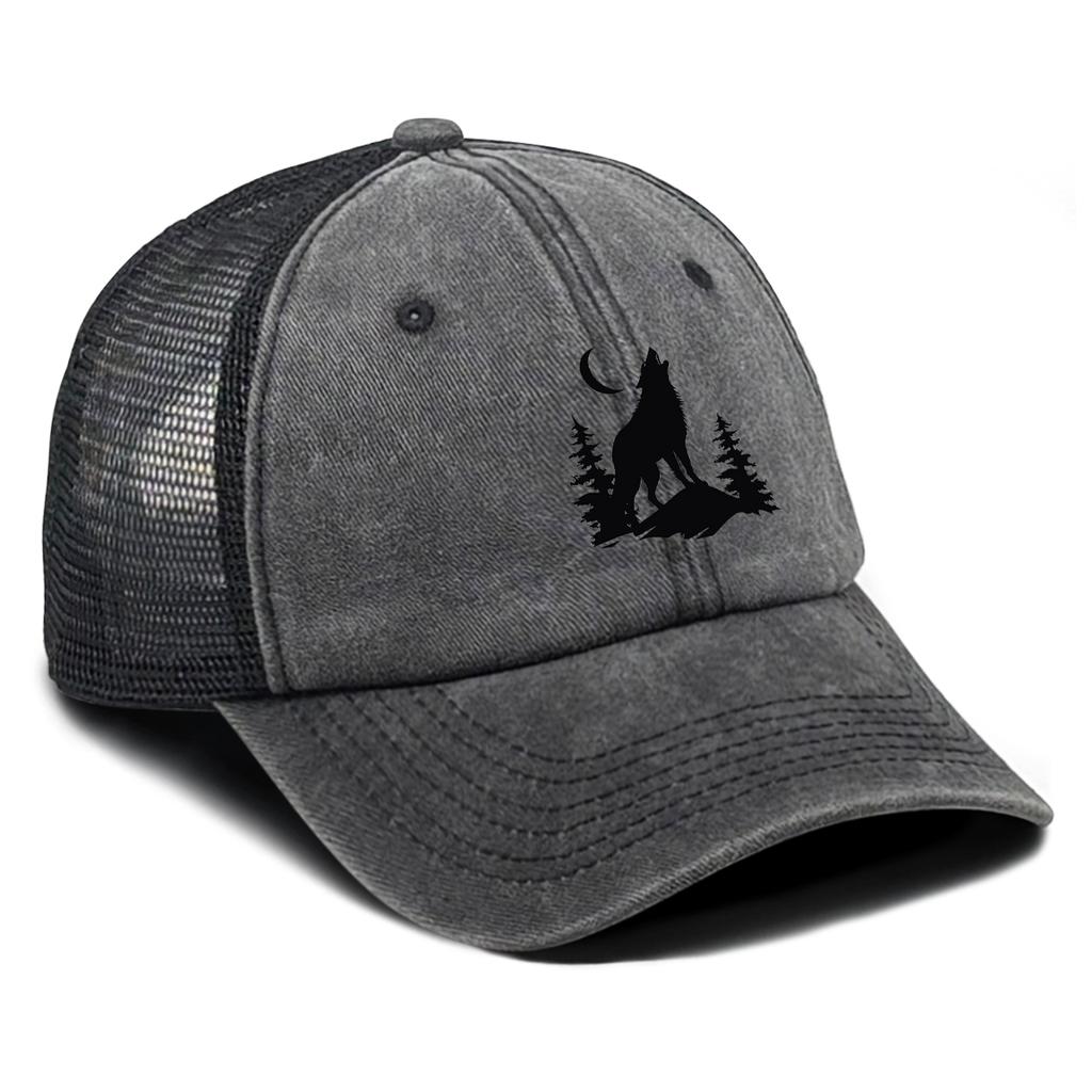 Howling Wolf Snapback Mesh Cap Forest Wolf Trucker Cap Solid Color Non-Stretch Fabric Adjustable Baseball Hat For Women & Men