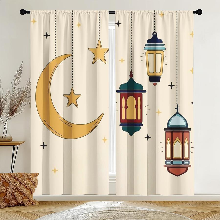 

2pcs Crescent Star & Lantern Printed Curtains Perfect for Ramadan/Eid Window Decor Home Living Room Bedroom Decor Rod Pocket 100*130 Rod Pocket 1pcs
