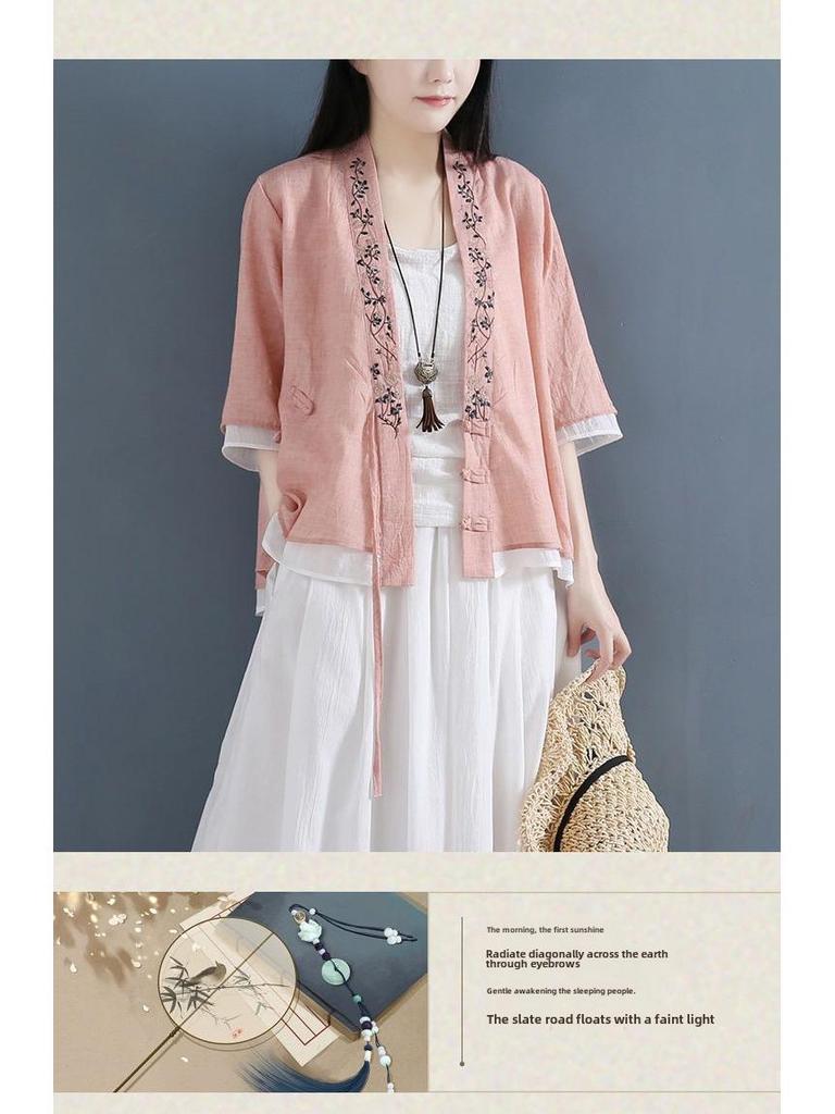 Women's V-Neck Cotton & Linen Shirt - Loose Fit, Short-Sleeve, Spring/Summer 2024 Collection