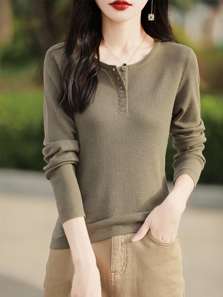 Women's Elegant Fine Wool Half-Button Round Neck Knit Sweater - Versatile, Close-Fitting Base Layer