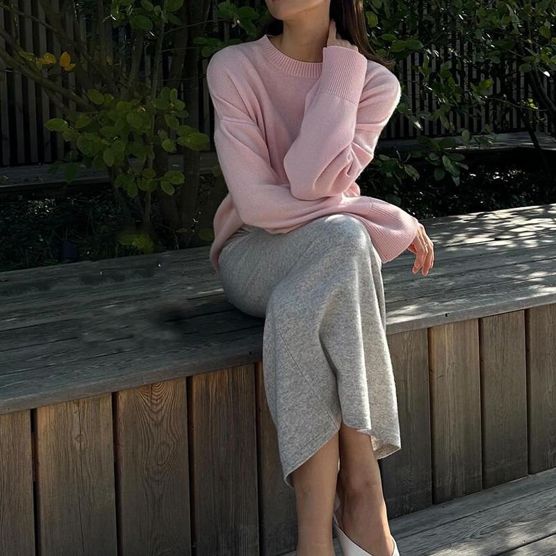 Women Sweaters Knit Basic Pullover Long Sleeve Round Neck Solid Spring Streetwear Knitwear Loose Elegant Jumper Female Tops