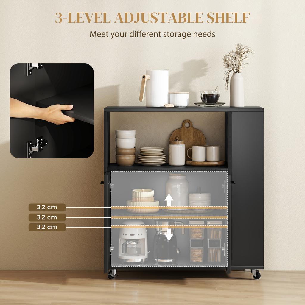 Kitchen Trolley on Wheels, Rolling Kitchen Island Cart with 2-Door Cabinet, Spice Rack and Adjustable Shelf, Black