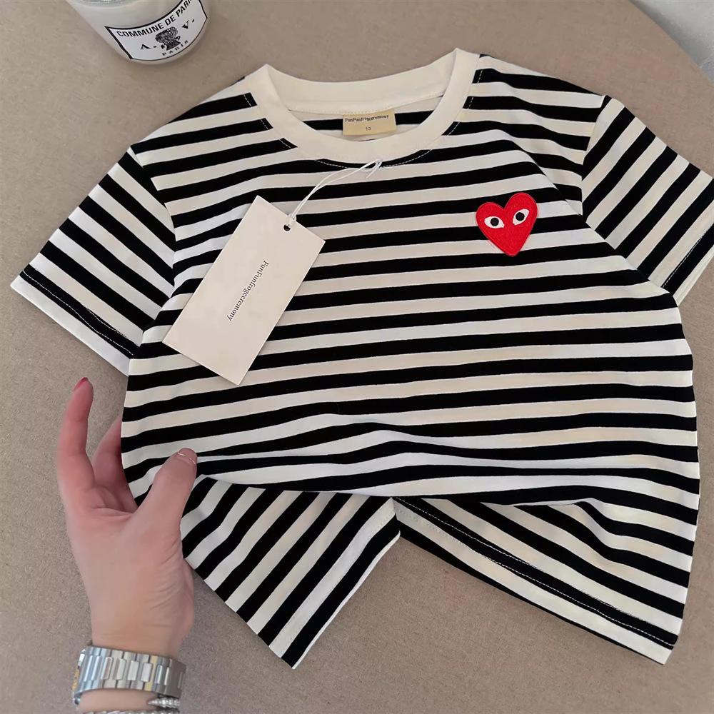 Ice Silk Cotton Striped Heart Short Sleeve Baby Top - Unisex Summer 2025
