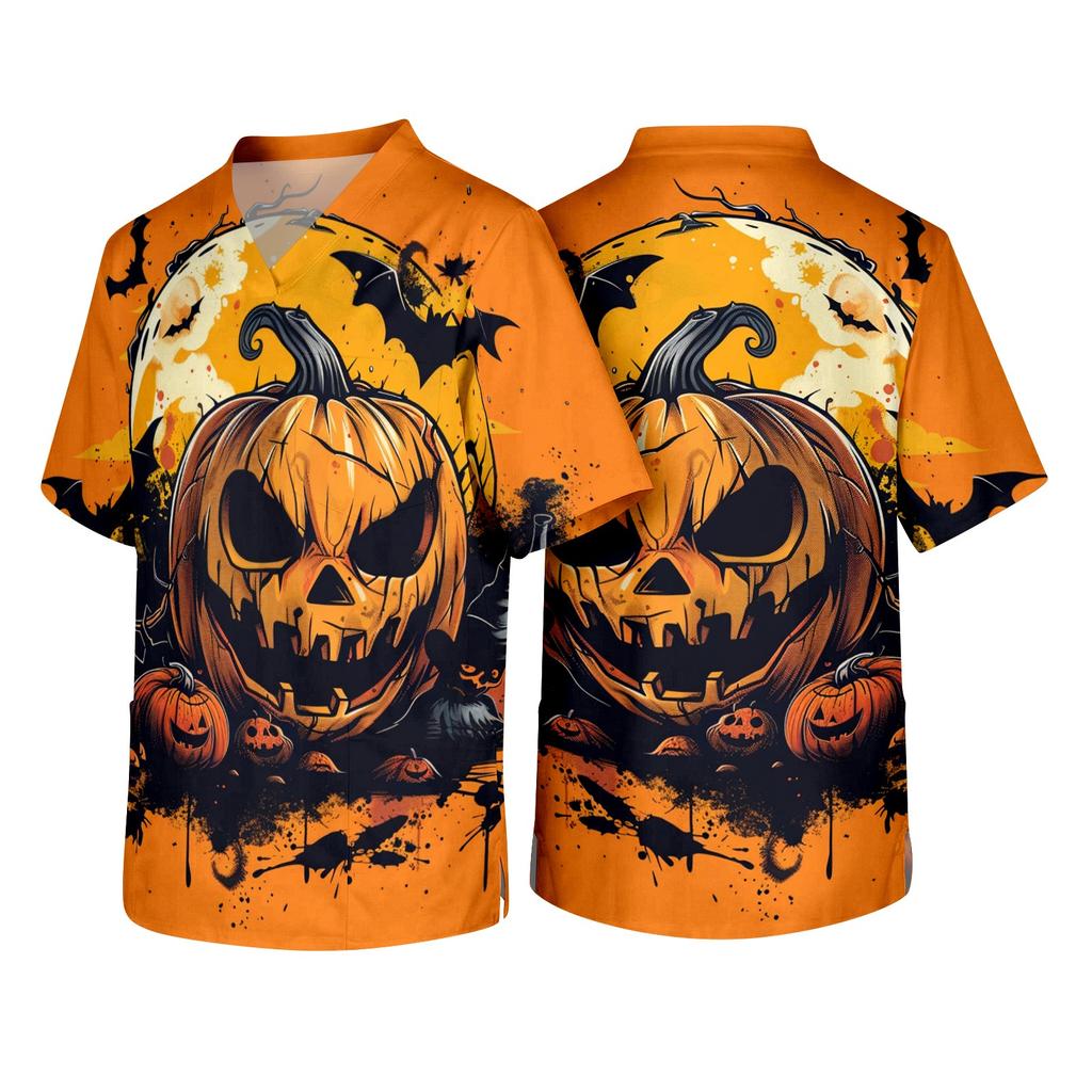Men's V Neck Halloween Print Pocket Scrub Top Short Sleeve Medical Workwear Uniform Shirt for Healthcare Professionals