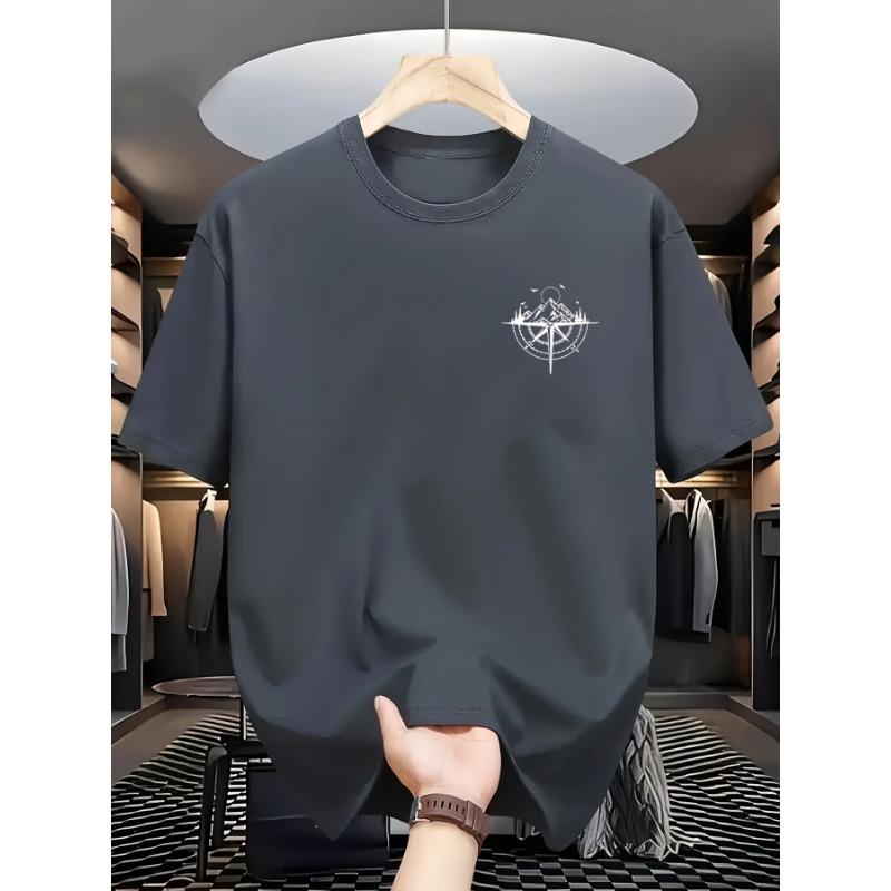 Summer Men's 100% Cotton Mountain Compass Graphic Printed Casual Loose Sports Comfortable Round Neck Short Sleeve T-shirt Top