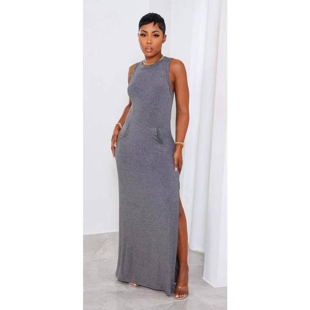 Women's Crew Neck Sleeveless Maxi Dress Bodycon Solid Knit Long Dress With Side Pockets Side Slit