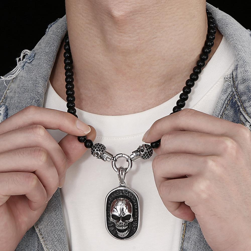 Collana con Pendente Teschio Faccia Testa Steampunk CZ da Uomo Larghezza 8MM Lunghezza 50CM Catena di Perline in Pietra Agata Gioielli in Acciaio Inossidabile