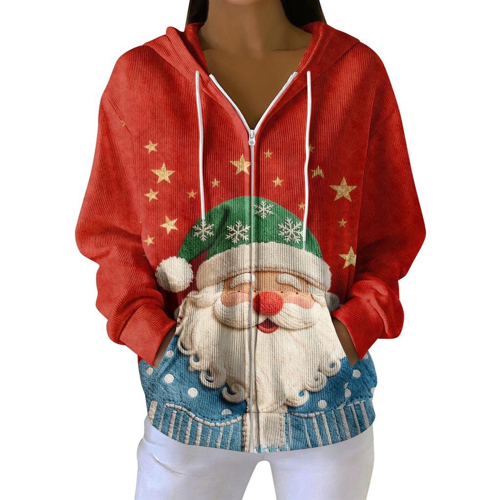Dámská ležérní módní pletená mikina s kapucí na zip s dlouhým rukávem a vánočním potiskem