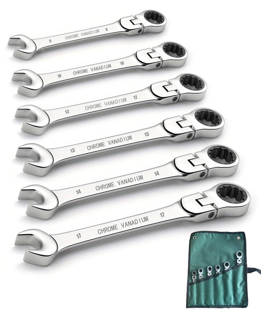 BTtime Flex Ratchet Swivel Spanner Combination Storage Bag Adjustable 72 for Car Auto DIY Repairs Wrench, 6-Piece Set, Ratchet, Dual-Use Head, Wrench,