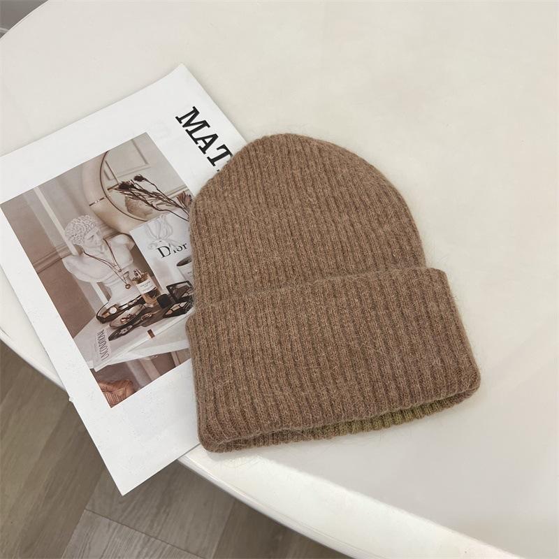 Angora Rabbit Hair Curled Brimless Wool Hat Women Autumn and Winter Warm Striped Fashion Knitted Pullover Cold Hat