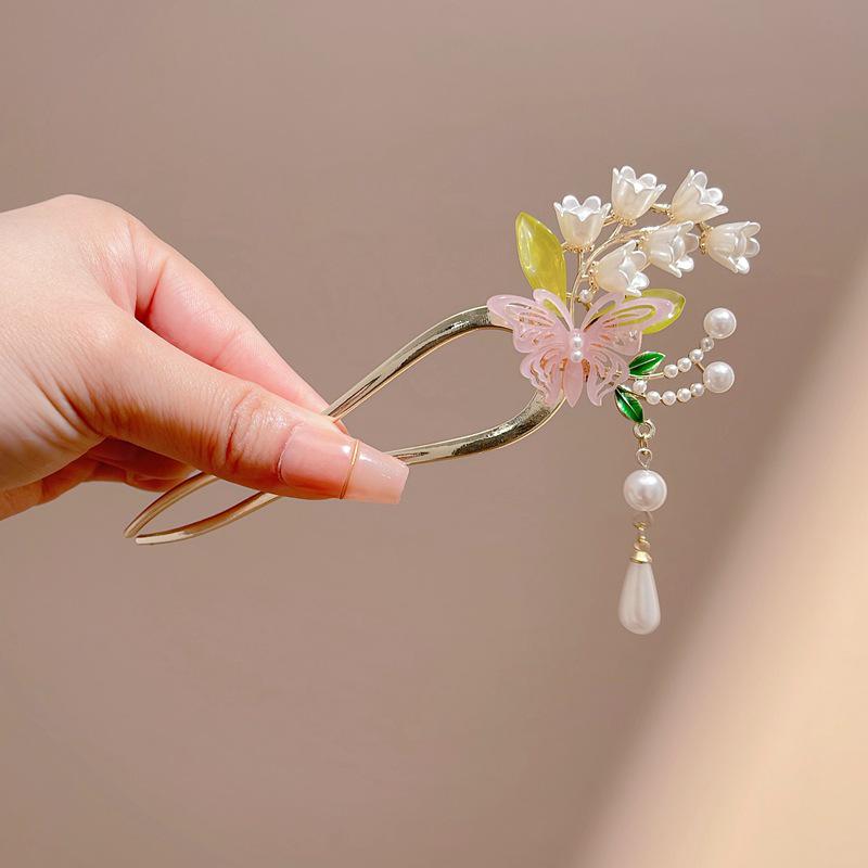 Grampo de Cabelo Borboleta Flor Estilo Antigo com Borla de Pérola para Cheongsam Hanfu
