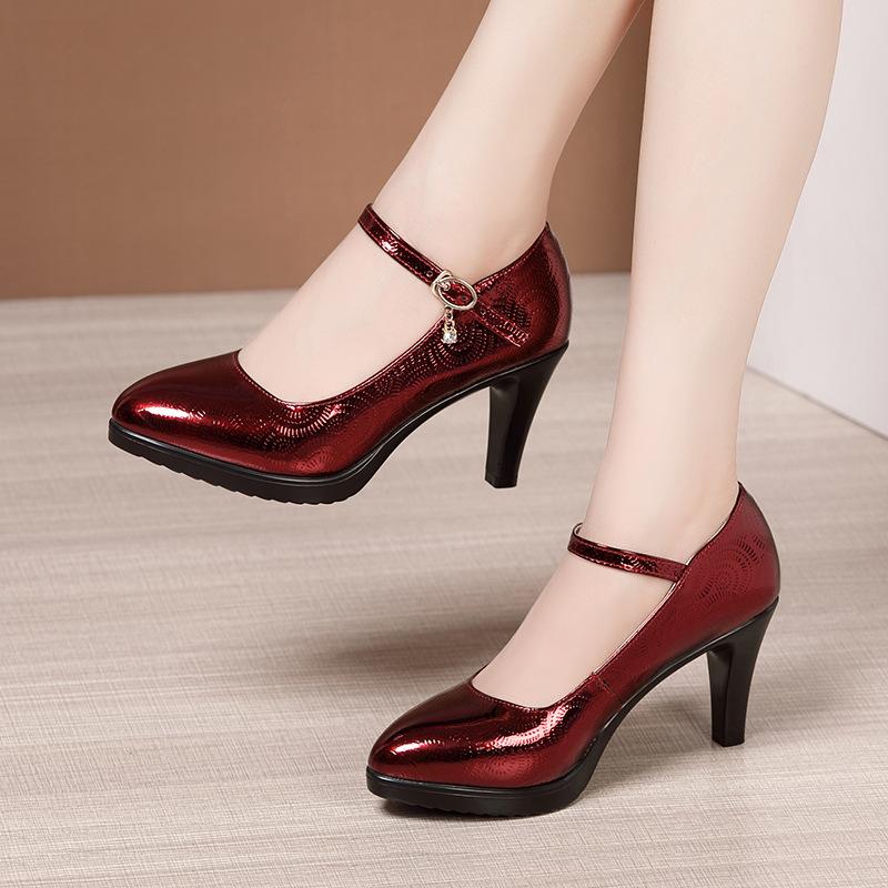 Lady Pumps Pointed Toe Office Work Shoes Buckle Strap Platform High Heels Women Shoes Four Season Patent Leather Shoes Size32-43