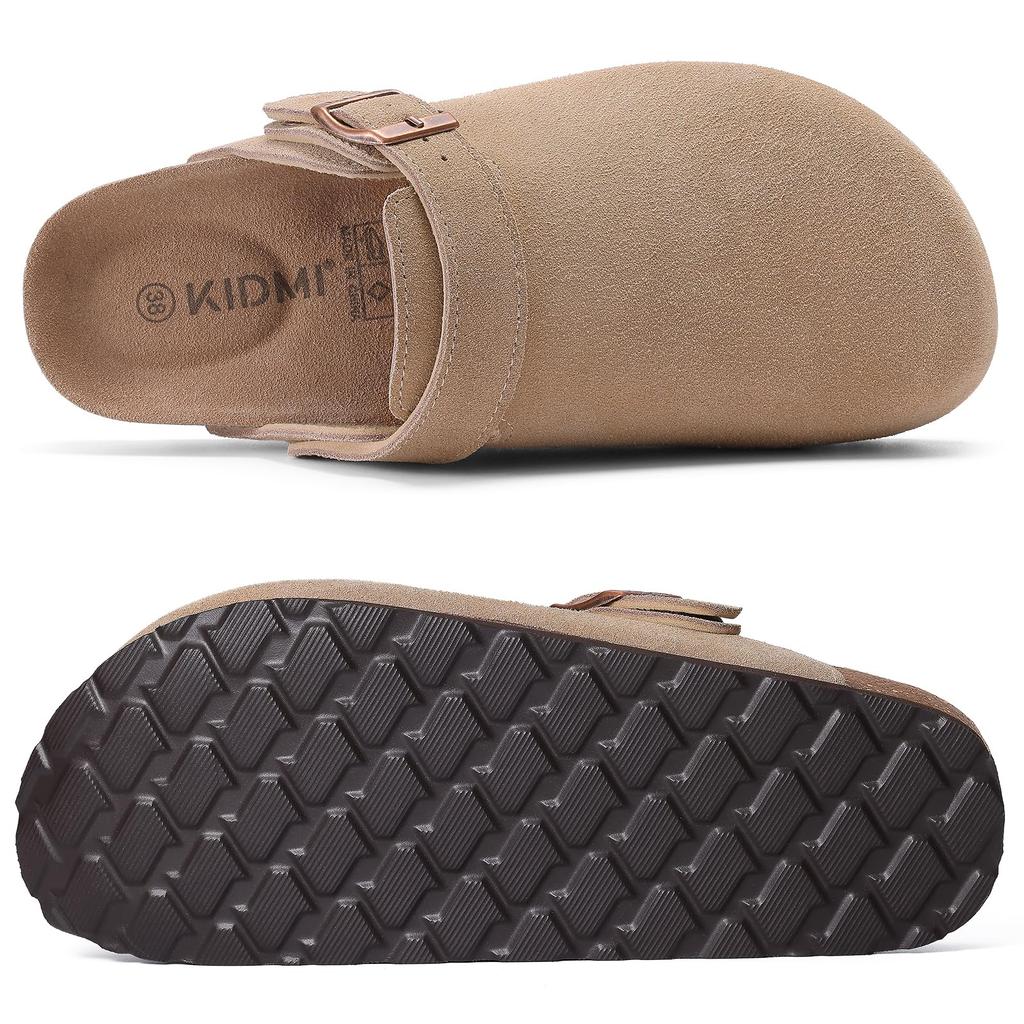Fashion Smile Women's Leather Mules Slippers Suede Clogs With Adjustable Strap Cork Footbed Unisex Outdoor Comfortable Potato Shoes