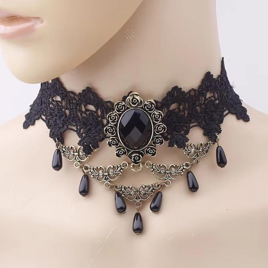 Gothic Victorian Black Lace Necklace Women Girl Boho Crystal Tassel Sexy Lace Choker Dark Loli Style Holiday Party Girl Jewelry
