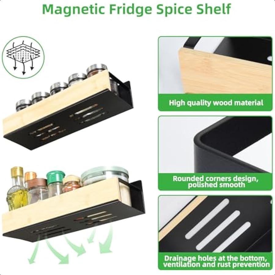 4 Pack Strong Magnetic Spice Rack for Refrigerator Wood and Metal Magnetic Shelf for Fridge Spice Storage Rack Kitchen Cabinet