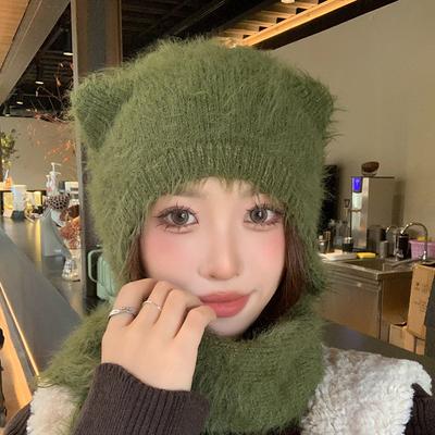 Bear Ears Wool Hat Women's Autumn and Winter Thermal Belt Scarf Cover Cold Hat Simple and Fashionable Ear Protection Plush Knitted Hat
