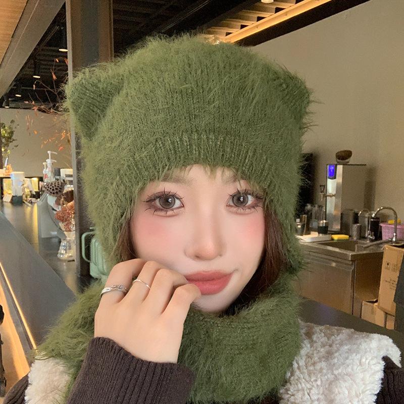 Bear ears wool hat women's autumn and winter thermal belt scarf cover cold hat simple and fashionable ear protection plush knitted hat