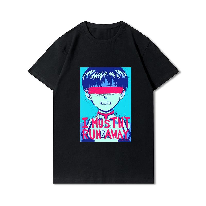 Pánská trička s potiskem Evangelion nadměrných velikostí Bavlněné topy Letní Anime Neformální Černá trička