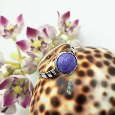 Anillo de Plata de Ley 925 Chapada con Piedra Preciosa Charoita Joyería PQY-IJ12318