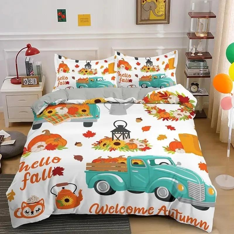 Autumn Pumpkin Truck Bedding Set Boys Girls Twin Queen Size Happy Fall Thanksgiving Duvet Cover Pillowcase Bed Boys Adult