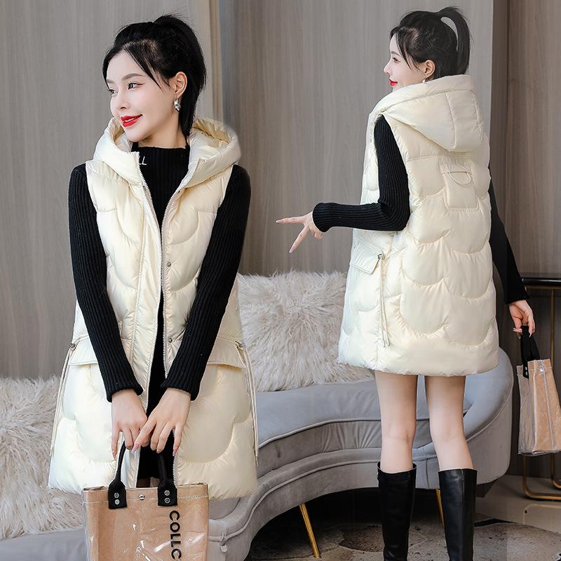 Medium and long cotton vest women's autumn and winter new Korean version loose hooded thickened solid color fashion vest tide