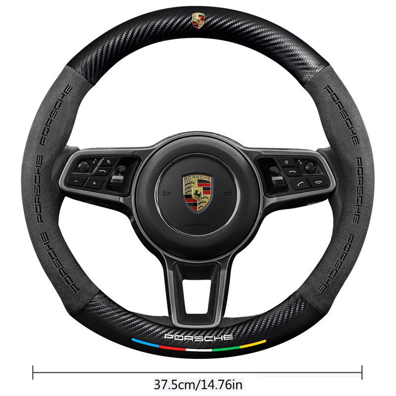 AIHQR1 O Shape Suede Carbon fiber anti-slip Car Steering Wheel Cover For Porsche Cayenne Panamera Macan Boxster Cayman 718 911 Sticker