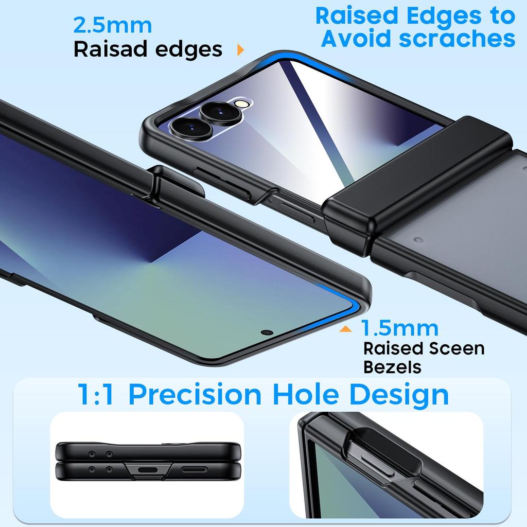 Translucent Matte Protective Case with Tempered Glass Screen Protector for Samsung Galaxy Z Flip 7, Hinge Protection Slim Cover-Black