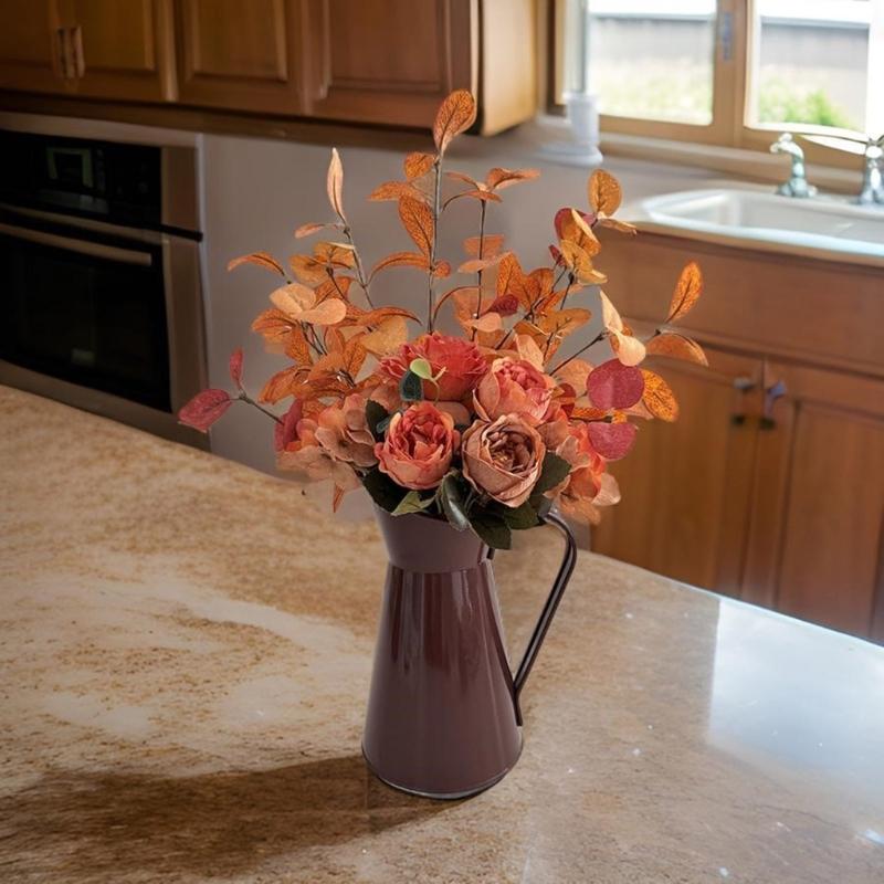 Artificial Rose Flower In Iron Bucket Artificial Leaf Plant Thanksgiving Table Centerpieces Decoration for Weddding