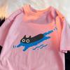 UnisexTees Swimming Black Cat Diving Shoulder Short Sleeved Tshirt for Unisex Breathable Casual Creative Summer Clothing Tops