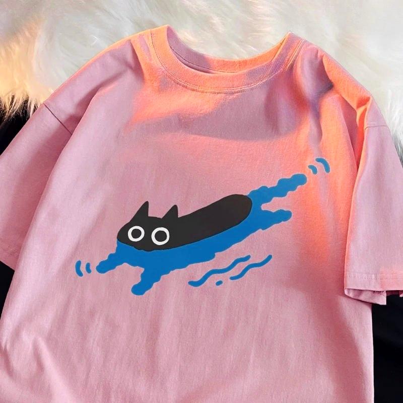UnisexTees Swimming Black Cat Diving Shoulder Short Sleeved Tshirt for Unisex Breathable Casual Creative Summer Clothing Tops
