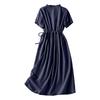 Women Casual Linen Cotton Dress Short Sleeve Shirt Dress with Button Front Waist Drawstring Midi Length Summer Dress