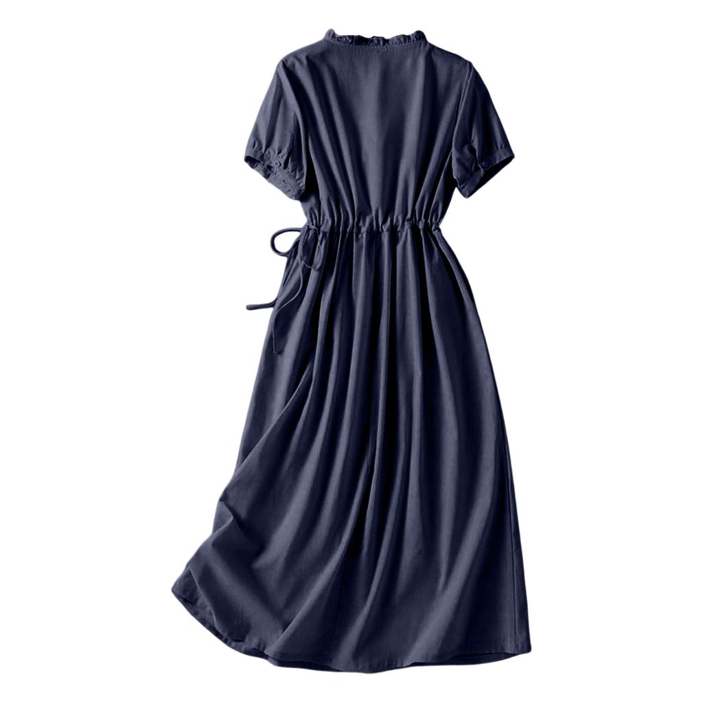 Women Casual Linen Cotton Dress Short Sleeve Shirt Dress with Button Front Waist Drawstring Midi Length Summer Dress