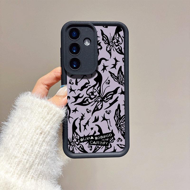 Custodia Moda Stampata con Farfalle Nere + Cordino Nero Guscio Flessibile Morbido in Silicone TPU Copertura Posteriore Completa per IPhone Samsung Xiaomi Redmi