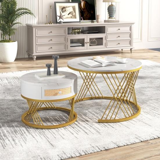 End Table 2 In 1 Round Coffee Made of MDF Side with A Marble Tabletop and Plastic Rattan Sofa Drawers Solid Wood Handles Gold-Colored Iron Legs. 70