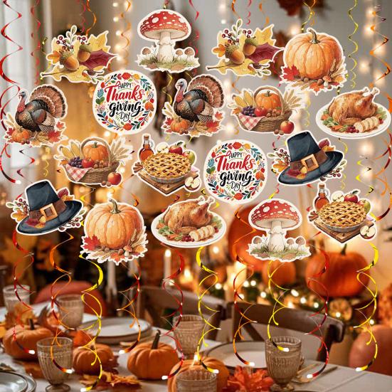 Thanksgiving Hanging Swirls Decorations Turkey Pumpkin Maple Leaves Cutouts Ceiling Streamers for Autumn Party Supplies Holiday Home Decor