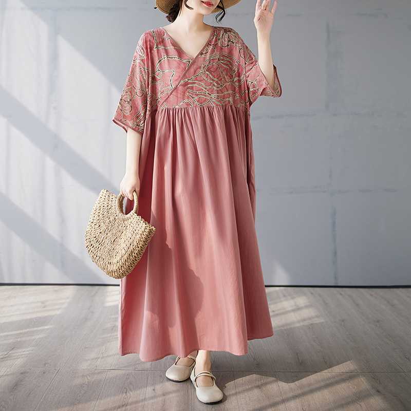 Cotton and Linen Patchwork Retro Style Dress, Long Skirt