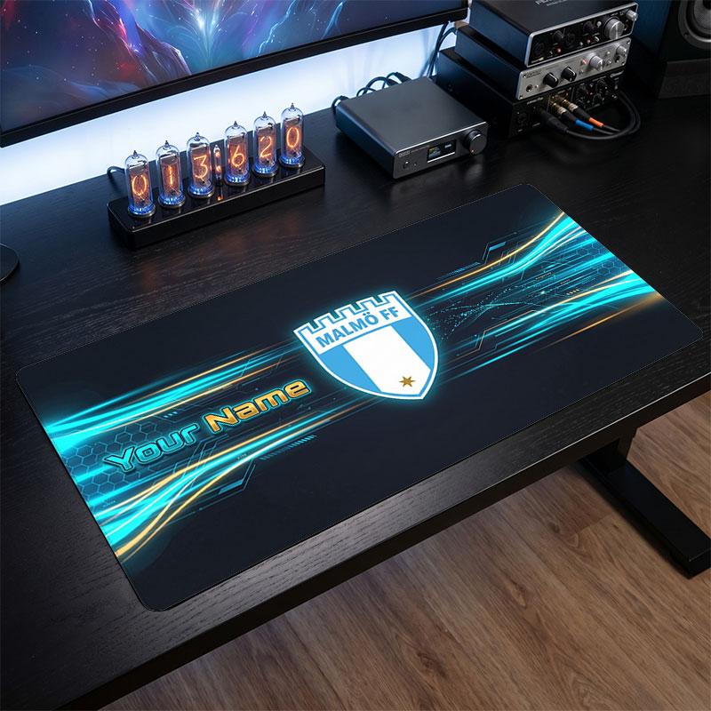 Malmö FF Custom Large Mouse Pad, Personalized Name Text Print, Football Logo Non‑Slip Desk Mat Gaming Gift