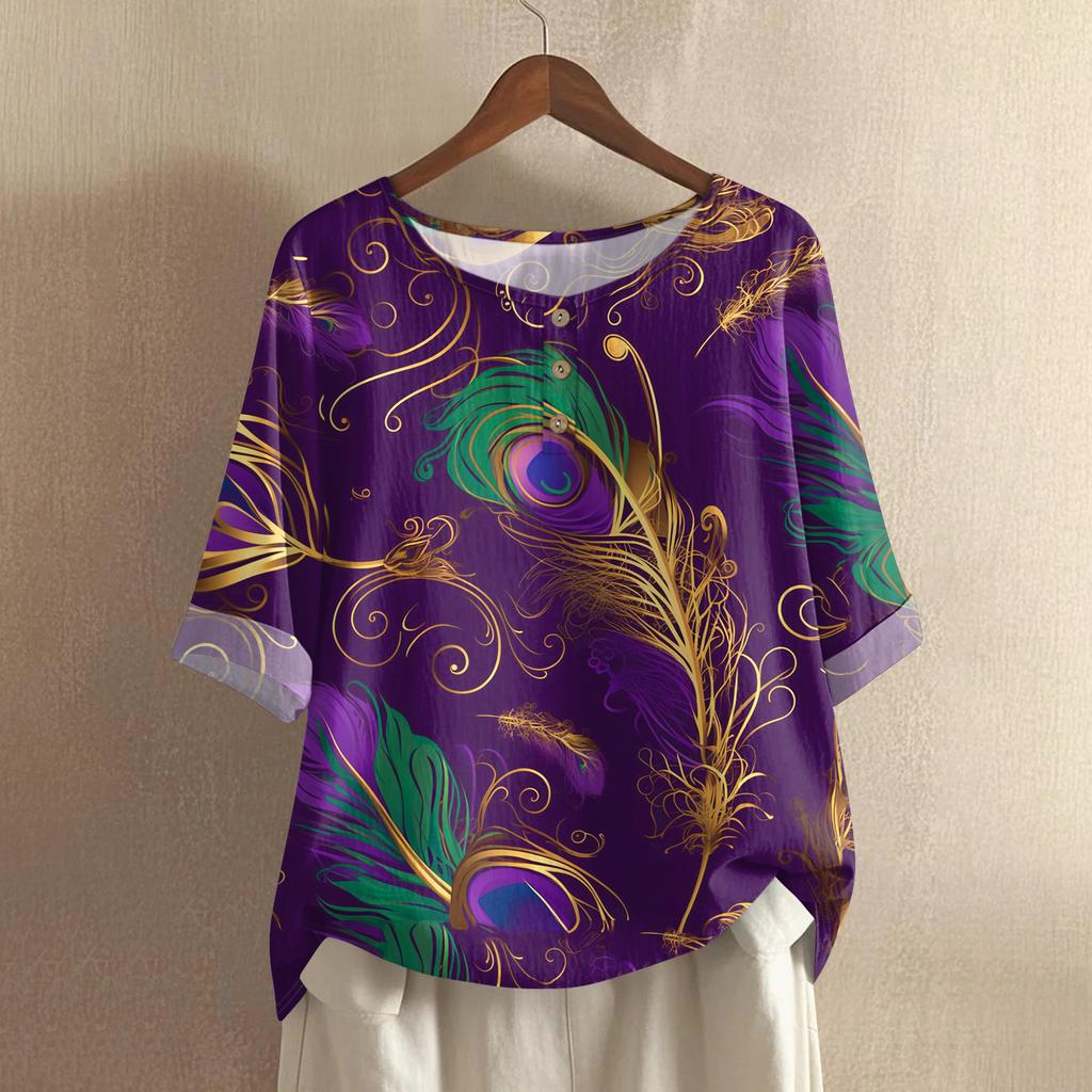 Women's Casual And Comfortable Mid-Length Round-Neck Fashion Print Cotton-Linen Top