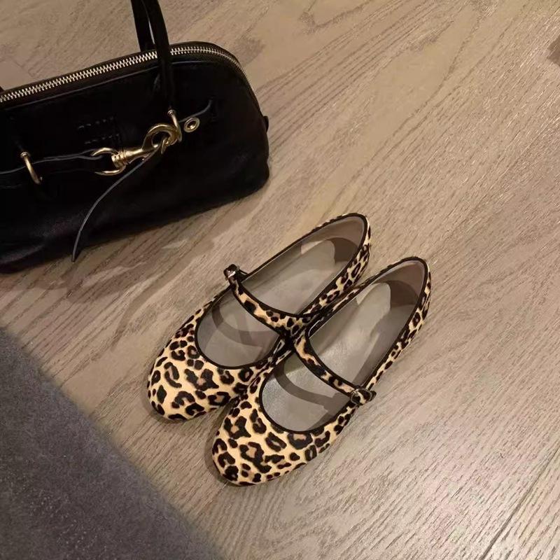 Autumn and Winter Leopard Print Mary Jane Single Shoes Women's Niche Thick Heel Ballet Shoes One-word Buckle Flat Bottom Shallow Mouth Ladyshoes