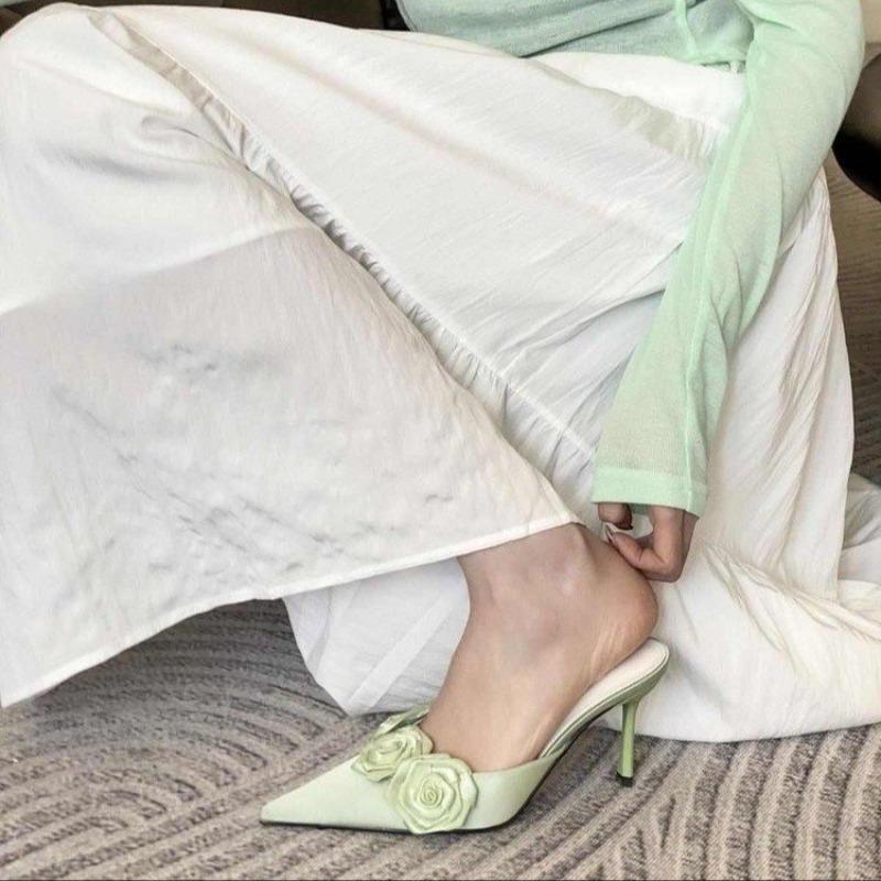 Fashion Pink Rose Flower Mules Stiletto Heels Pointy Toe Satin Slip On Summer Sexy Lady Elegant Dress Bride Wedding Sandals Slippers