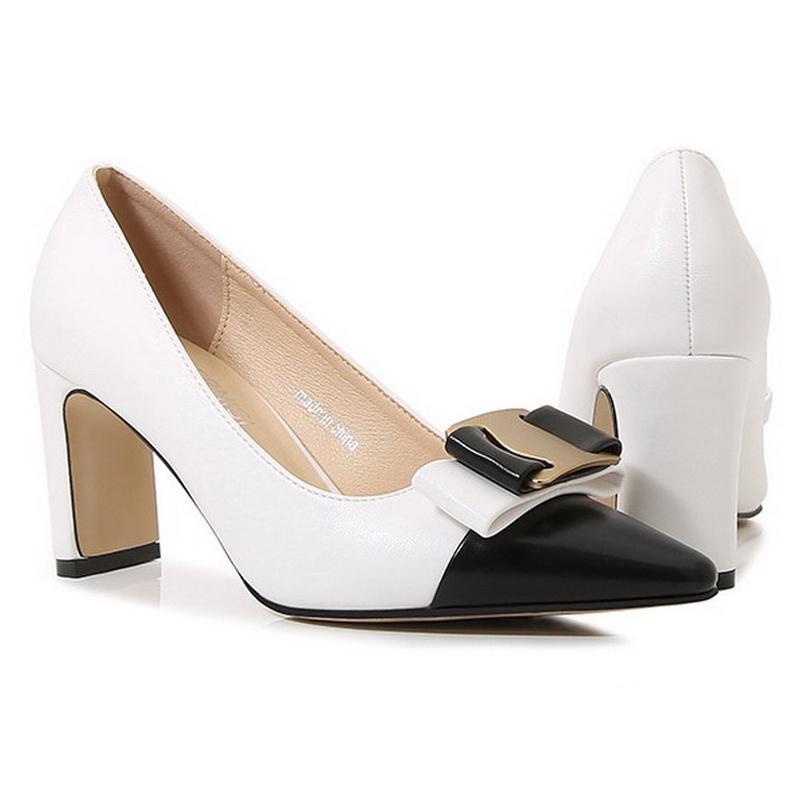 

Women Bowtie High Thick Heel Shoes Pointed Toe Single Shoes for Office Nightclub Party Banquet Host Model Catwalk Princess Dance 35 белый