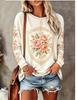 Women Crew Neck Long Sleeve Tops, Vintage Rose Floral Print Casual Loose T‑Shirt